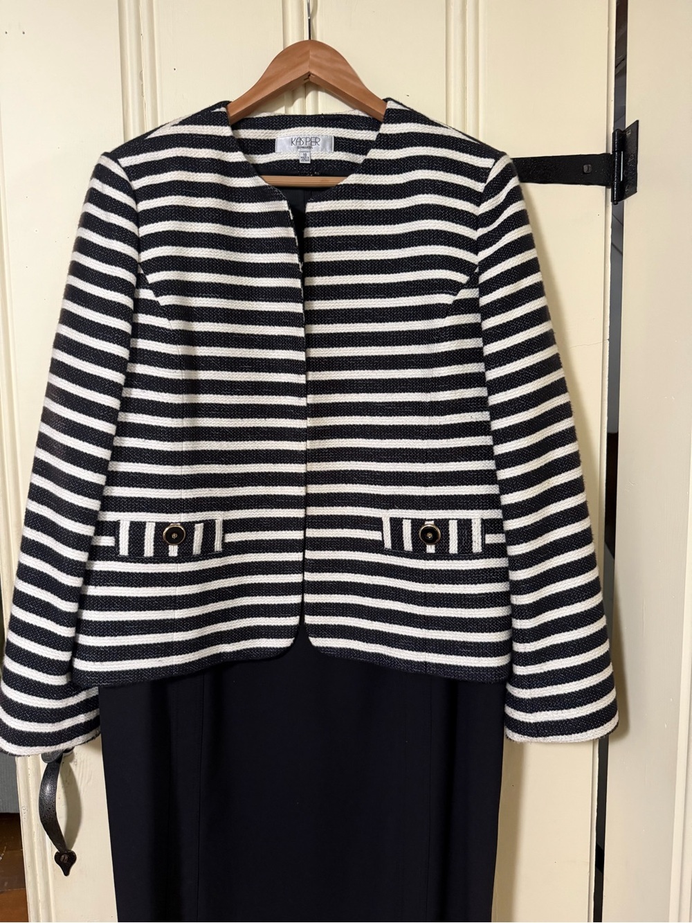 Kasper Black and White Striped Collarless Knit Blazer